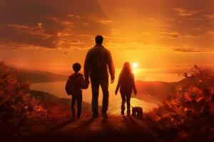 Silhouette von ein Familie auf das Hintergrund von das Rahmen Sonne, Rückseite Aussicht von ein glücklich Familie beim Sonnenuntergang, ai generiert foto