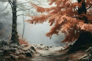 ai generiert Winter nebelig Wälder - - generativ ai foto