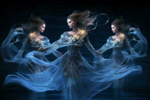 ai generiert ätherisch Meerjungfrauen mit fließend Saphir Schwänze - - generativ ai foto