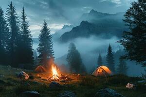 ai generiert Campingplatz mit Zelt und Verbrennung Lagerfeuer im Berge Landschaft in der Nähe von See foto