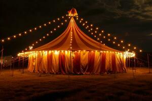 ai generiert Zirkus Zelt mit Beleuchtungen Beleuchtung beim Nacht. foto