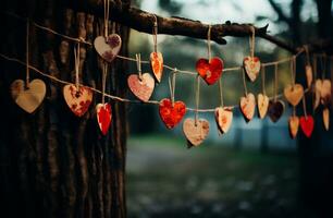 ai generiert Valentinstag Tag Hintergrund mit Herzen hängend auf ein Baum im das Wald foto