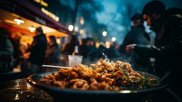 ai generiert Straße Essen beim Nacht im das alt Stadt, Dorf foto