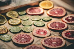 geschnitten orange, Mandarine und Grapefruit Scheiben auf Backen Blatt, vorbereiten Zitrusfrüchte Keile zum Weihnachten Girlande foto