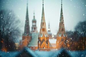 ai generiert Kirche Kirchtürme im Schnee - - generativ ai foto