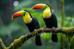 ai generiert zwei Tukane Sitzung auf ein Ast im das Regenwald, Tukan tropisch Vogel Sitzung auf ein Baum Ast im natürlich Tierwelt Umfeld, ai generiert foto