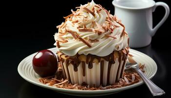 ai generiert hausgemacht Cupcake mit ausgepeitscht Creme, Schokolade Glasur, und Süßigkeiten Dekoration generiert durch ai foto