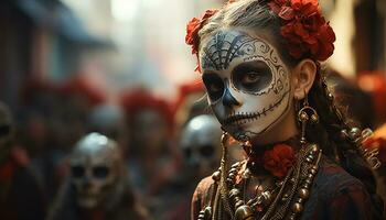 ai generiert ein gespenstisch Halloween Feier mit Frauen im traditionell Kostüme generiert durch ai foto