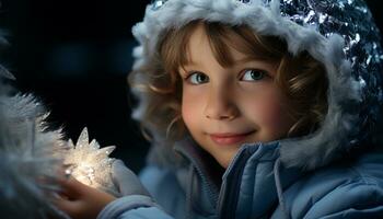 ai generiert ein Niedlich, lächelnd Mädchen genießen Winter, spielen im das Schnee generiert durch ai foto
