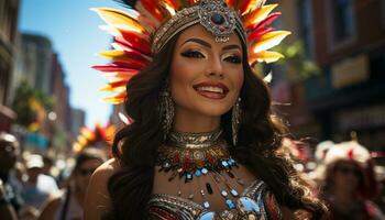 ai generiert jung Frauen im traditionell Kleidung lächelnd, Samba Tanzen beim Brasilianer Karneval generiert durch ai foto