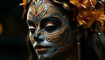 ai generiert ein schön Frau im traditionell Kleidung tragen ein Gold Maske generiert durch ai foto