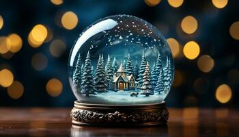 ai generiert Schnee Globus Dekoration leuchtet Winter Nacht mit Weihnachten Ornamente generiert durch ai foto