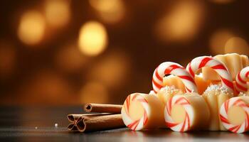 ai generiert Gourmet Dessert Tabelle Schokolade Süssigkeit, Weihnachten Beleuchtung, und Kerze Flamme generiert durch ai foto