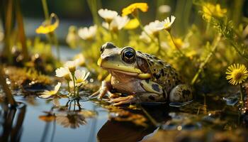 ai generiert ein süß Kröte Sitzung auf ein nass Blatt, suchen beim Kamera generiert durch ai foto