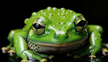 ai generiert rot Augen Baum Frosch Sitzung auf ein Blatt, starren in das Teich generiert durch ai foto