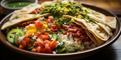 ai generiert Frische und würzen auf ein Platte, Guacamole Taco Mahlzeit generiert durch ai foto