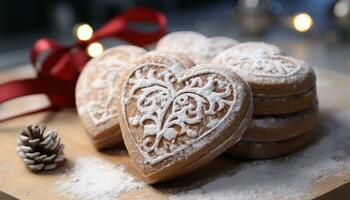 ai generiert hausgemacht Herz geformt Kekse schmücken das Winter Tabelle mit Süße generiert durch ai foto