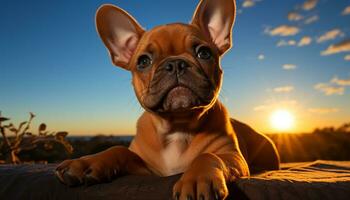 ai generiert süß Französisch Bulldogge Sitzung, suchen beim Sonnenuntergang, spielerisch und Spaß generiert durch ai foto