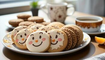 ai generiert hausgemacht Schokolade Shortbread auf Platte, Kaffee Tasse, Winter Jahreszeit generiert durch ai foto