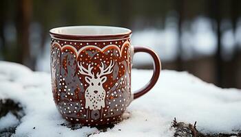 ai generiert Winter Schnee, Natur trinken, Tabelle Jahreszeit, Kaffee draußen generiert durch ai foto