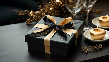 ai generiert ein luxuriös Geschenk Box eingewickelt im glänzend Gold Papier generiert durch ai foto