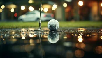 ai generiert Golf Ball leuchtet auf grasig Tee, Nacht Spiel beginnt generiert durch ai foto