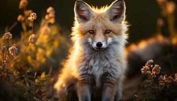 ai generiert süß rot Fuchs Hündchen Sitzung im Gras, suchen beim Kamera generiert durch ai foto