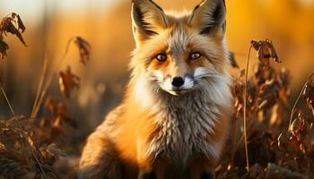 ai generiert süß rot Fuchs Sitzung im Gras, suchen beim Sonnenuntergang generiert durch ai foto
