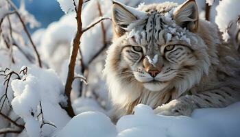 ai generiert süß Bobcat im Winter Wald, suchen beim Kamera generiert durch ai foto