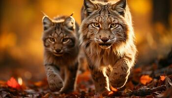 ai generiert süß Bobcat im Herbst Wald, suchen beim Kamera generiert durch ai foto