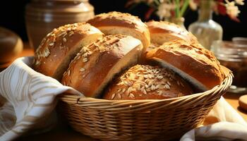 ai generiert frisch gebacken Brot auf hölzern Tisch, gesund Mahlzeit generiert durch ai foto