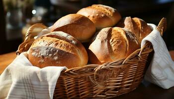 ai generiert frisch gebacken Brot auf hölzern Tisch, gesund und hausgemacht generiert durch ai foto