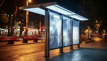 ai generiert beleuchtet Stadt Straßen verwischen, reflektieren modern die Architektur im Bewegung generiert durch ai foto