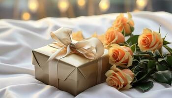 ai generiert romantisch Geschenk Box mit schön Blume Strauß generiert durch ai foto
