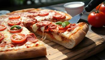 ai generiert frisch gebacken Pizza auf hölzern Tisch, bereit zu Essen generiert durch ai foto