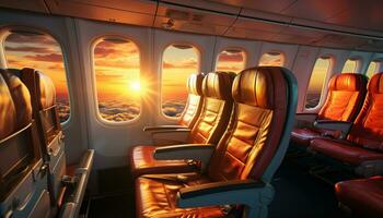 ai generiert Luxus Sonnenuntergang Reise Innerhalb ein komfortabel kommerziell Flugzeug generiert durch ai foto