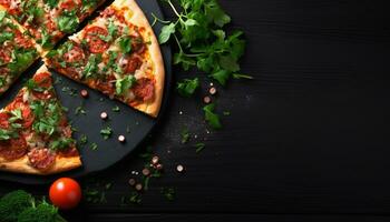 ai generiert frisch gebacken Pizza mit Mozzarella, Tomate, und Kräuter generiert durch ai foto
