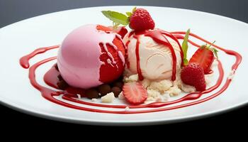 ai generiert Erdbeere Eis Creme, Gourmet Dessert auf ein Teller generiert durch ai foto