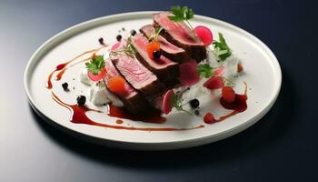 ai generiert Gourmet Steak Salat mit frisch Gemüse und Soße generiert durch ai foto