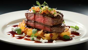 ai generiert gegrillt Steak Scheibe mit frisch Salat und Gemüse generiert durch ai foto