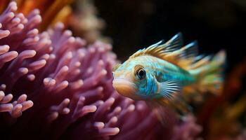 ai generiert bunt Clown Fisch Schwimmen im ein tropisch Riff generiert durch ai foto