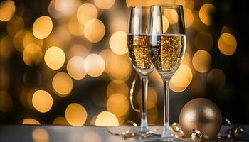 ai generiert Champagner Flöte beleuchtet mit glühend Weihnachten Beleuchtung generiert durch ai foto