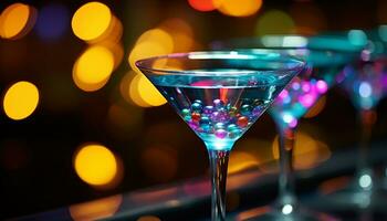 ai generiert Nachtclub Martini Glas beleuchtet mit hell, glänzend Eleganz generiert durch ai foto