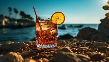 ai generiert erfrischend Cocktail auf ein Strand, Sommer- Entspannung generiert durch ai foto