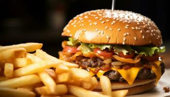 ai generiert gegrillt Burger mit Fritten, Käse, und Tomate generiert durch ai foto