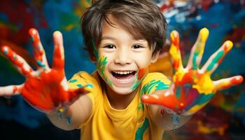 ai generiert lächelnd Kind, spielerisch und heiter, Gemälde mit Freude generiert durch ai foto