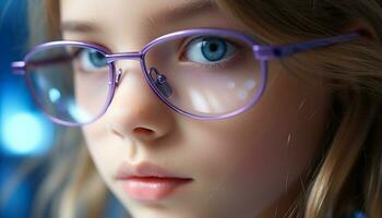 ai generiert süß Mädchen mit Brille suchen beim Kamera generiert durch ai foto