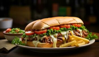 ai generiert gegrillt Rindfleisch Sandwich mit Fritten, Cheeseburger auf Tabelle generiert durch ai foto
