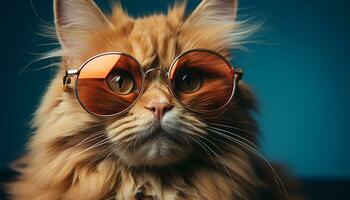ai generiert süß Kätzchen tragen Sonnenbrille, suchen beim Kamera generiert durch ai foto