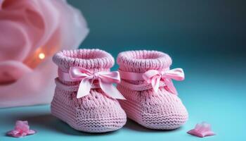 ai generiert süß Baby Booties im Rosa, ein Feier von Liebe generiert durch ai foto